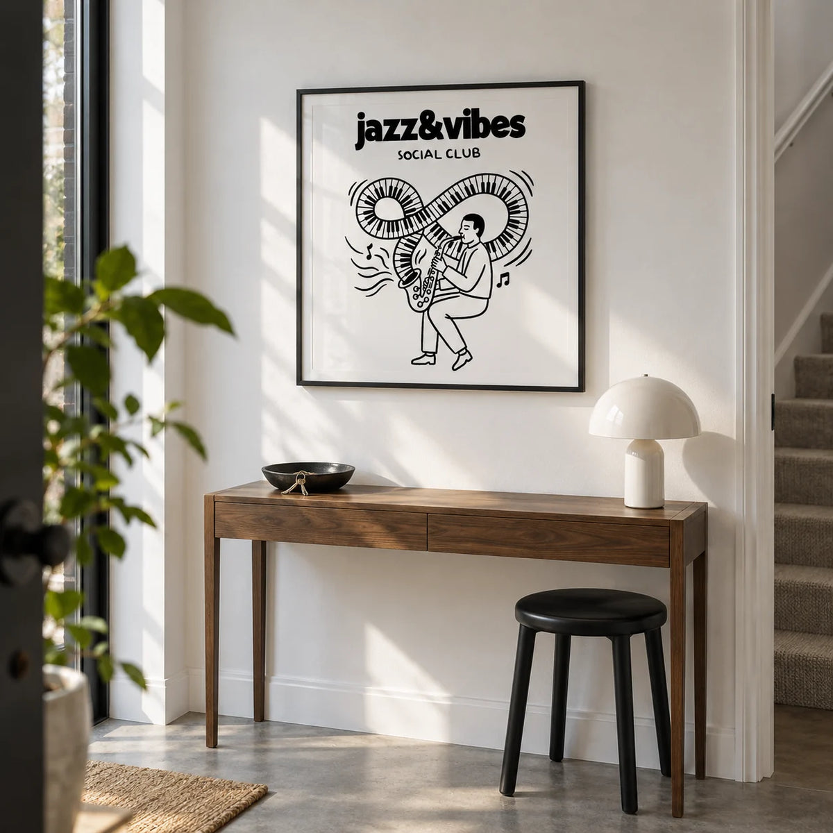 Jazz Social Club Art Print, framed on the wall of a crisp entrance hallway in a modern UK maisonette with a white wall and grey concrete floor