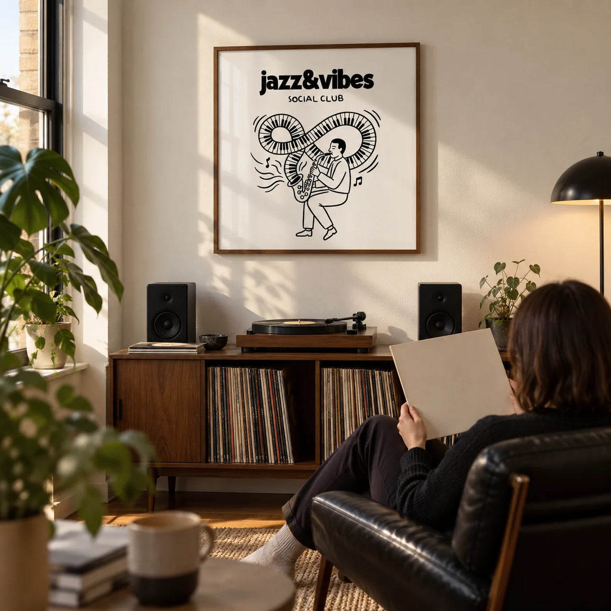 Jazz Social Club Art Print, framed on the wall of a dedicated listening corner in a design-led UK flat with a warm white wall in a living room