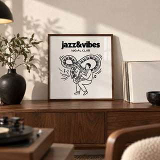 Jazz Social Club Art Print, a small A4 framed print leaning on a walnut sideboard in a living room