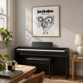 Jazz Social Club Art Print, framed on the wall of a small home music study in a UK terraced house with a pale grey wall and simple oak furniture