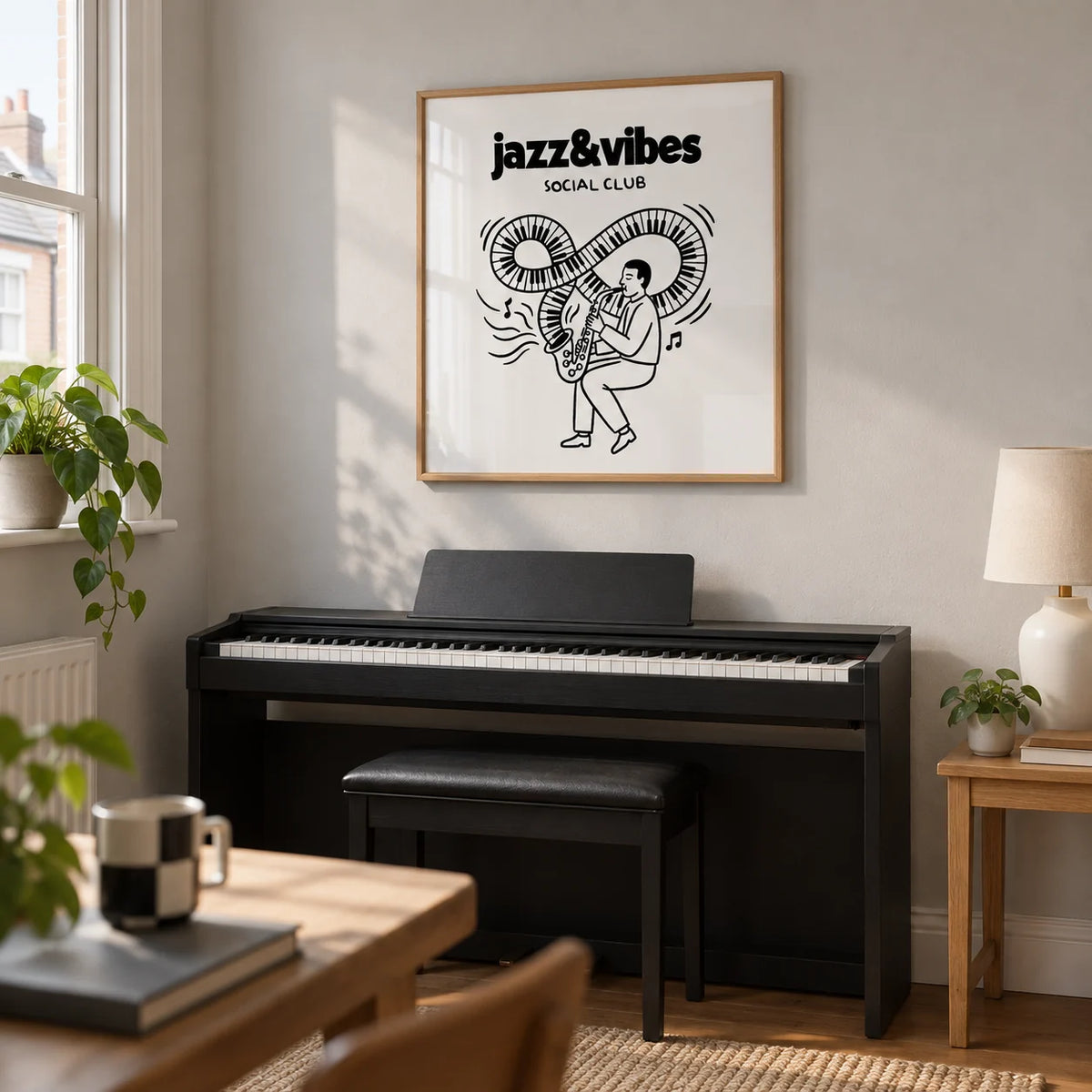 Jazz Social Club Art Print, framed on the wall of a small home music study in a UK terraced house with a pale grey wall and simple oak furniture