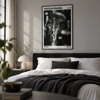 Jellyfish Art, framed on the wall of a calm modern bedroom with a soft grey wall