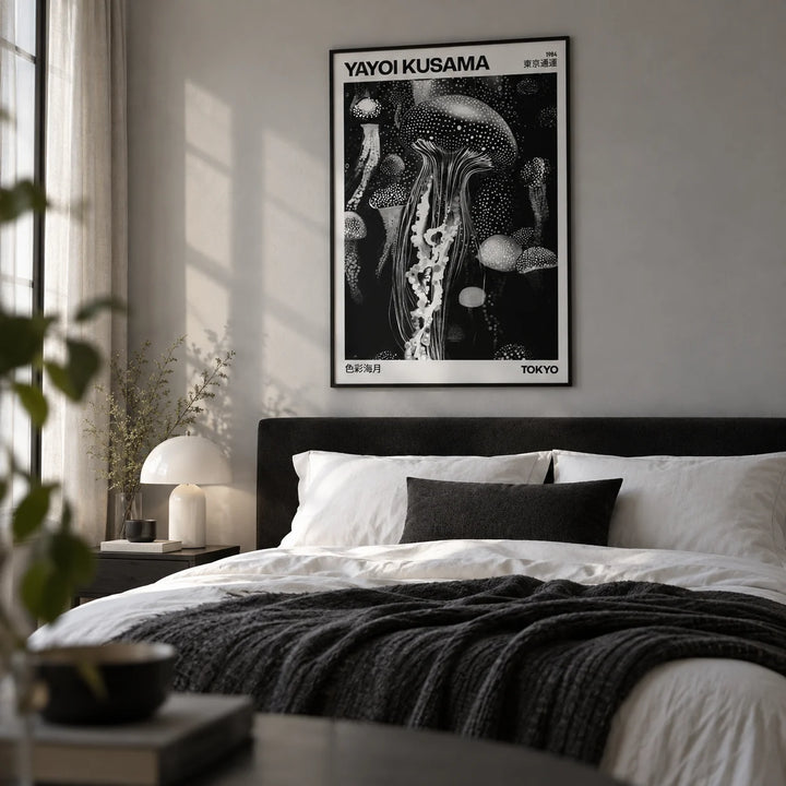 Jellyfish Art, framed on the wall of a calm modern bedroom with a soft grey wall
