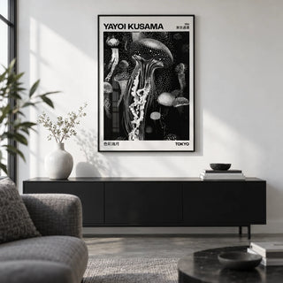 Jellyfish Art, framed on the wall of a crisp monochrome city flat living room with a white wall and a polished concrete floor
