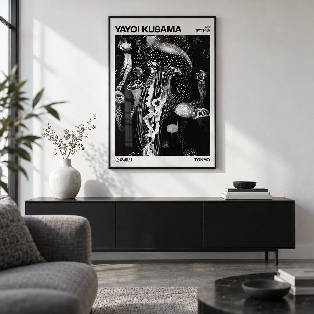 Jellyfish Art, framed on the wall of a crisp monochrome city flat living room with a white wall and a polished concrete floor