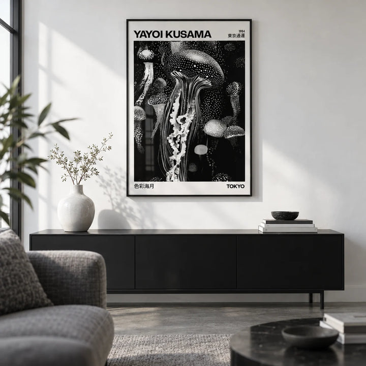 Jellyfish Art, framed on the wall of a crisp monochrome city flat living room with a white wall and a polished concrete floor