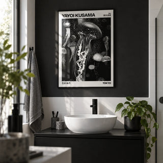 Jellyfish Art, framed on the wall of a modern monochrome bathroom with plain white tiles and a black painted wall