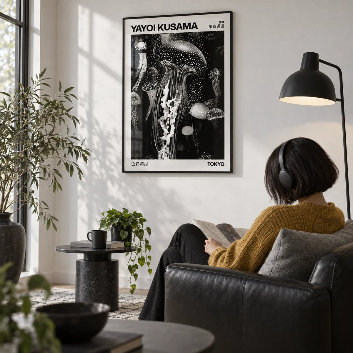 Jellyfish Art, framed on the wall of a monochrome reading corner with a white wall in a living room