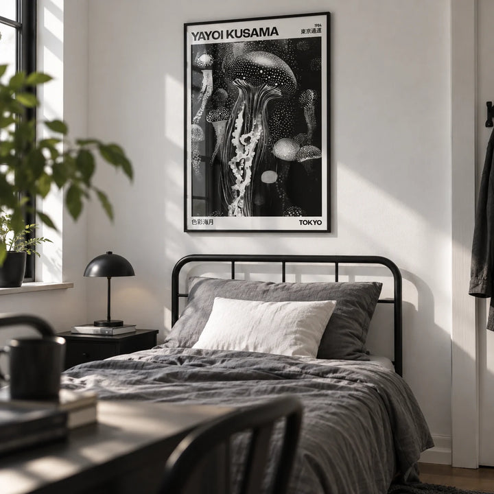 Jellyfish Art, framed on the wall of a monochrome single bedroom for a young adult (18-25) with a white wall
