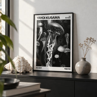 Jellyfish Art, a small A4 framed print leaning on a black shelf in a living room