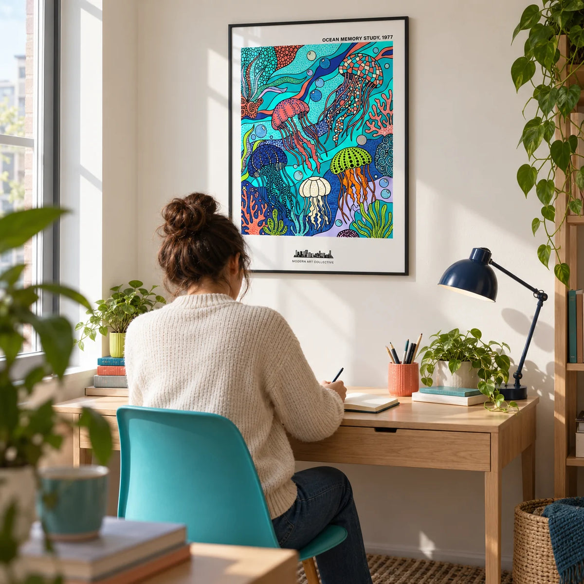 Jellyfish Ocean Art Print, framed on the wall of a bright home study in a UK first flat for an adult aged 25-35 with an off-white wall