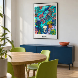 Jellyfish Ocean Art Print, framed on the wall of a compact modern dining room in a UK flat with a white wall and pale oak flooring