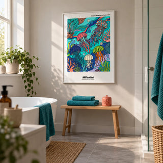 Jellyfish Ocean Art Print, framed on the wall of a contemporary bathroom in a UK terrace with a pale warm grey painted wall and large plain white tiles