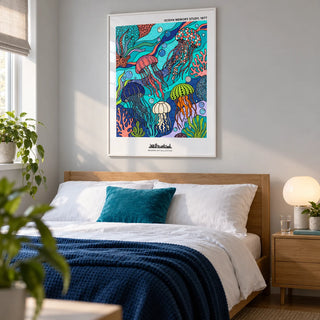 Jellyfish Ocean Art Print, framed on the wall of a crisp contemporary bedroom in a young couple's UK home with a pale grey wall