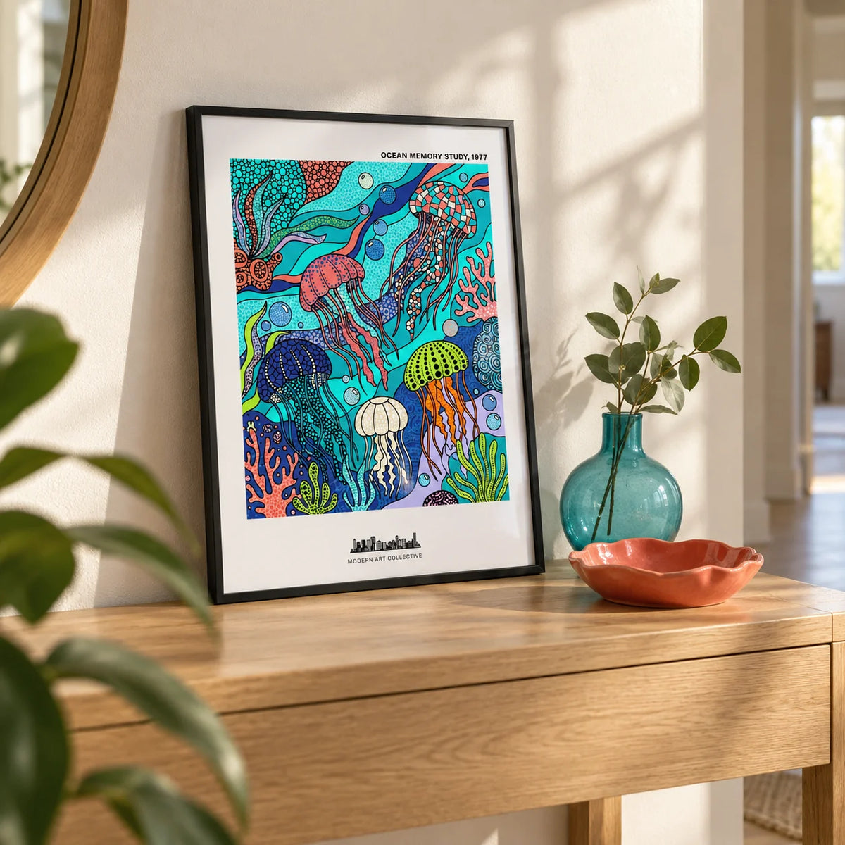 Jellyfish Ocean Art Print, a small A4 framed print leaning on a pale oak hallway side table