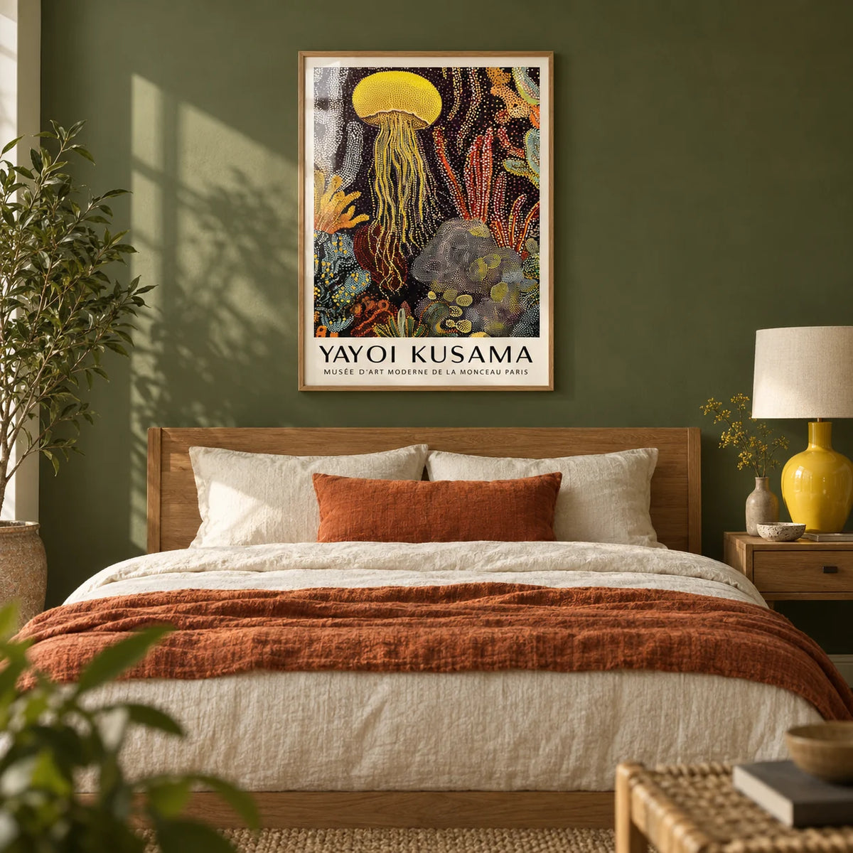 Jellyfish Poster, framed on the wall of a calm modern bedroom with a deep olive green painted wall