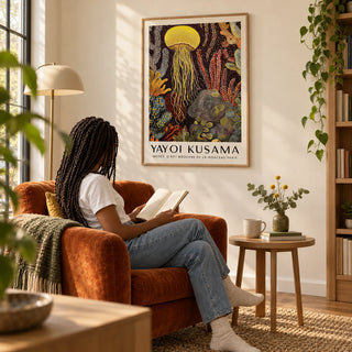 Jellyfish Poster, framed on the wall of a cosy reading nook with a warm cream wall in a living room