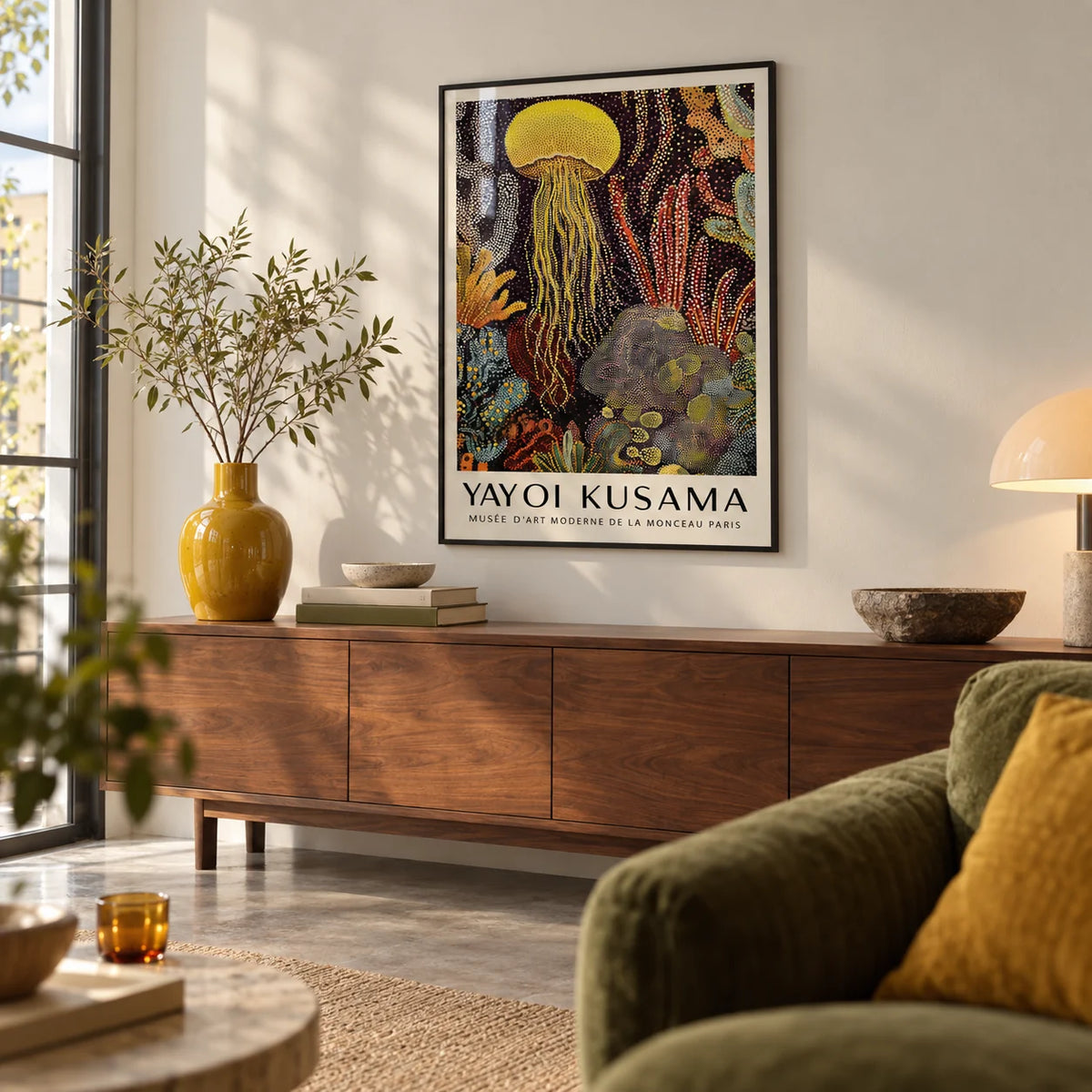 Jellyfish Poster, framed on the wall of a design-led city flat living room with a warm white wall and a polished concrete floor
