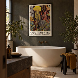 Jellyfish Poster, framed on the wall of a moody modern bathroom with a dark charcoal limewashed wall and plain cream tiles