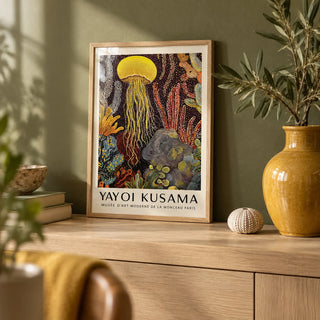 Jellyfish Poster, a small A4 framed print leaning on a pale oak shelf in a living room