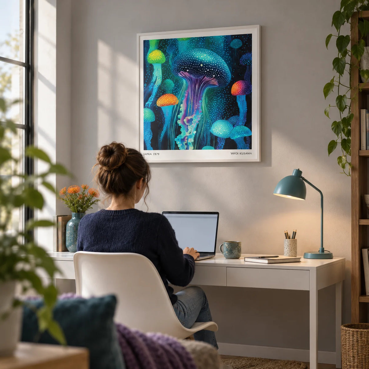 Jellyfish Print, framed on the wall of a calm home office with a soft grey wall
