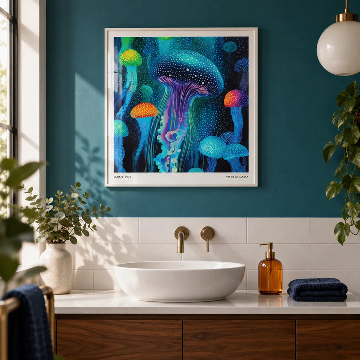 Jellyfish Print, framed on the wall of a calm modern bathroom with a deep teal painted wall and plain white tiles below