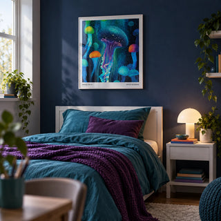Jellyfish Print, framed on the wall of a cool teen bedroom (13-17) with a deep navy painted wall