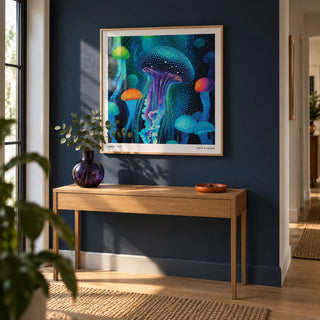 Jellyfish Print, framed on the wall of a modern hallway with a navy painted wall and a pale oak floor
