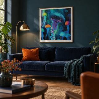 Jellyfish Print, framed on the wall of a moody modern living room with a dark teal wall and an oak floor