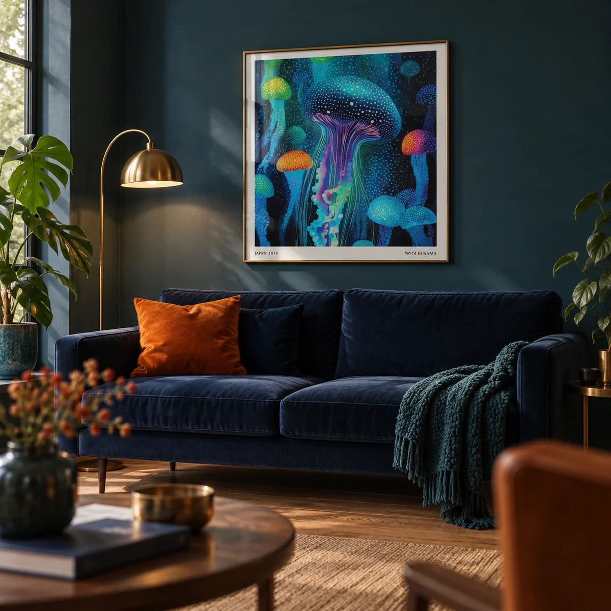 Jellyfish Print, framed on the wall of a moody modern living room with a dark teal wall and an oak floor