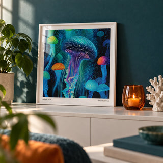 Jellyfish Print, a small A4 framed print leaning on a white shelf in a living room