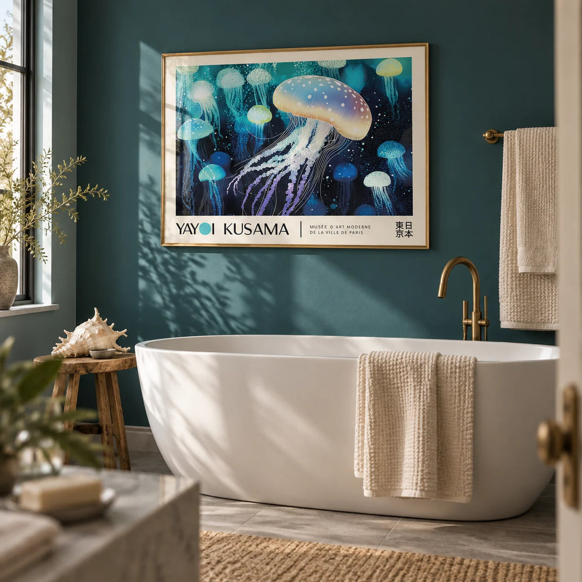 Jellyfish Wall Art, framed on the wall of a calm bathroom with a deep teal painted wall