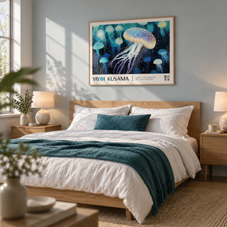 Jellyfish Wall Art, framed on the wall of a calm bedroom with a pale blue-grey wall