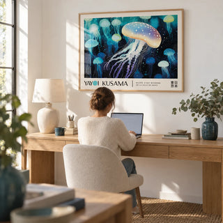 Jellyfish Wall Art, framed on the wall of a calm home office with a white wall
