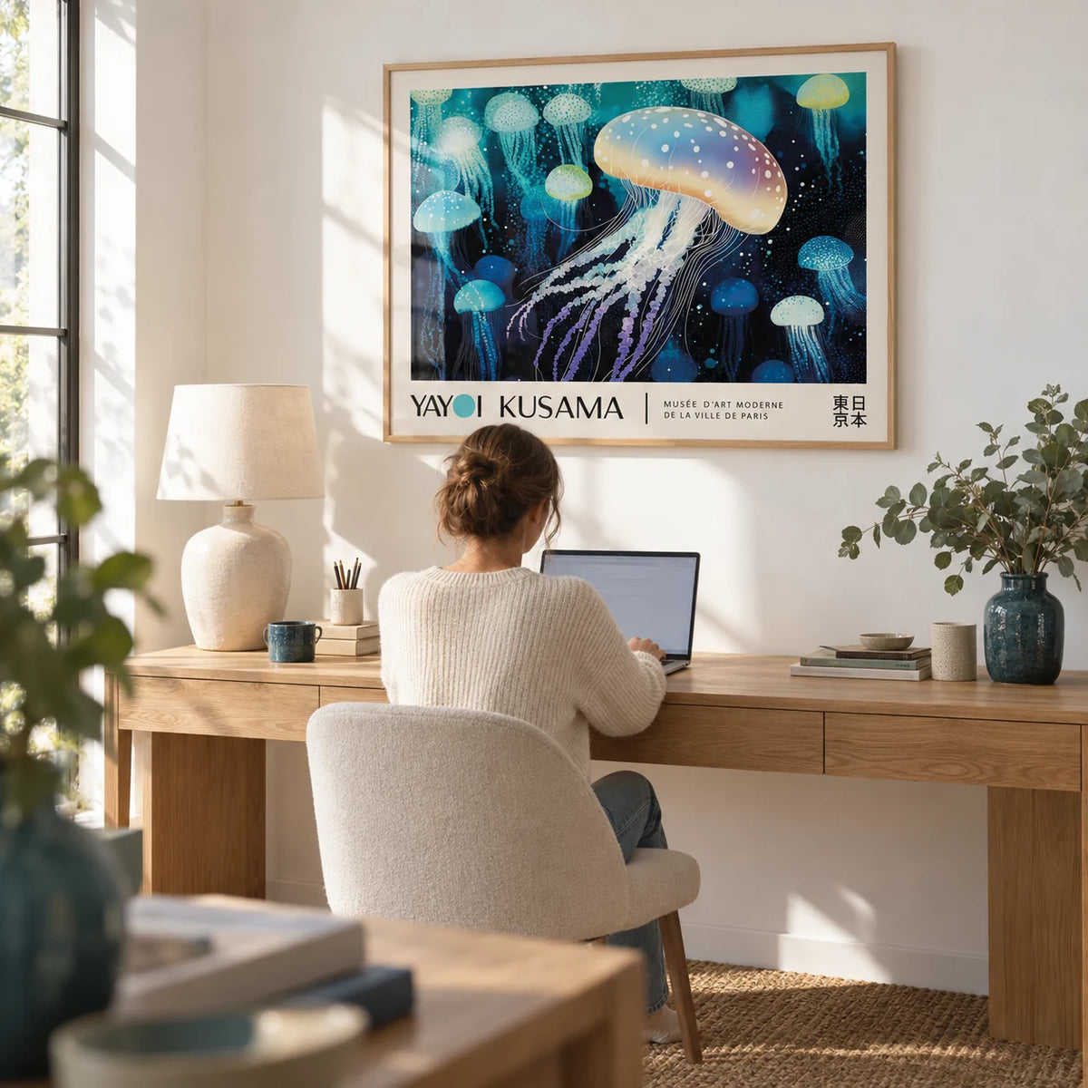 Jellyfish Wall Art, framed on the wall of a calm home office with a white wall