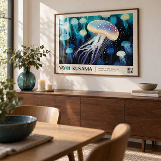 Jellyfish Wall Art, framed on the wall of a modern dining room with a warm white wall