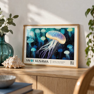 Jellyfish Wall Art, a small A4 framed print leaning on a pale oak sideboard in a living room
