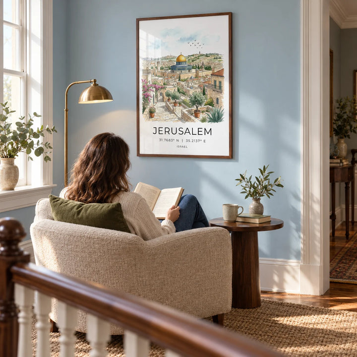 Jerusalem Art Print, framed on the wall of a quiet reading corner on a spacious landing in a UK period home with a pale blue wall in a living room