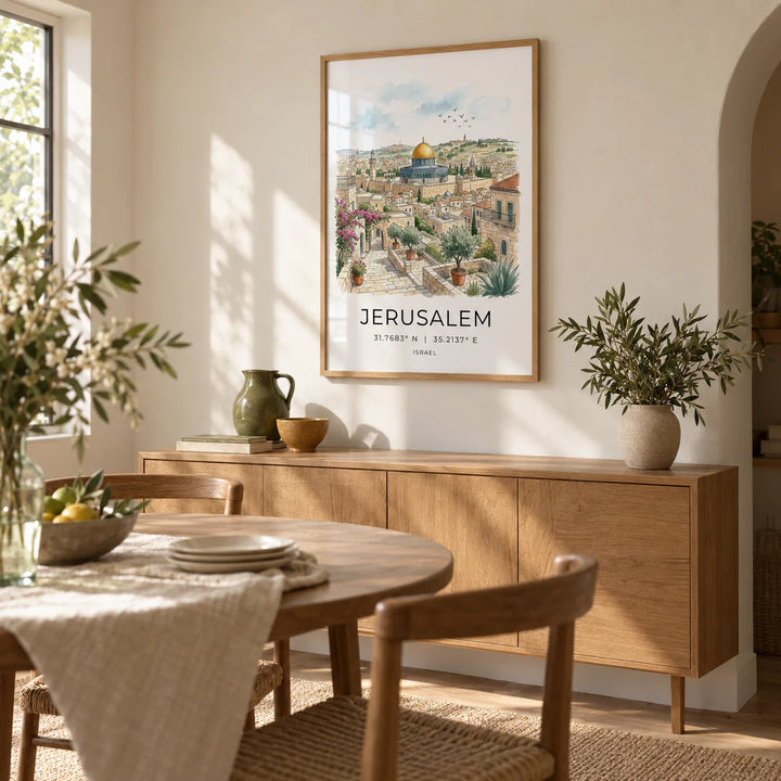 Jerusalem Art Print, framed on the wall of a relaxed dining room in a UK family home with warm white walls and a shallow arched alcove