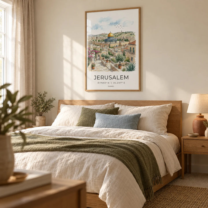 Jerusalem Art Print, framed on the wall of a restful double bedroom in a UK home with warm ivory walls and oak furniture