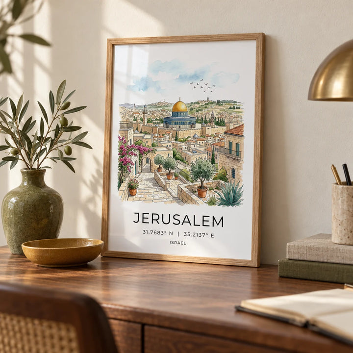 Jerusalem Art Print, a small A4 framed print leaning on a walnut writing desk