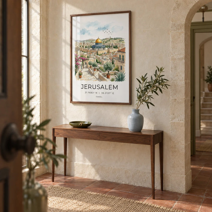 Jerusalem Art Print, framed on the wall of a welcoming hallway in a renovated UK townhouse with pale stone walls and a terracotta floor