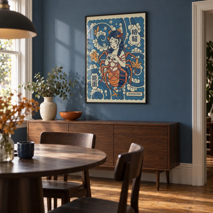Jorogumo Art, framed on the wall of a compact modern dining room in a Victorian terrace with a muted blue wall and warm timber floor