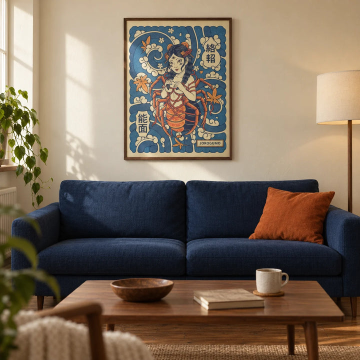 Jorogumo Art, framed on the wall of a considered living room in a UK city flat with warm cream plaster walls and walnut floorboards