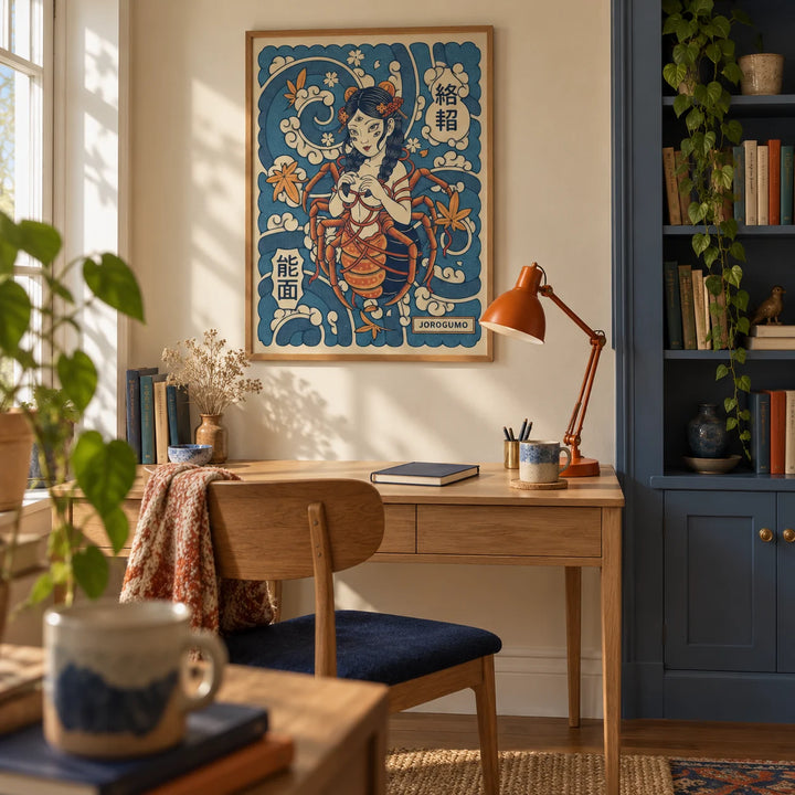 Jorogumo Art, framed on the wall of a quiet home study for a folklore enthusiast in a UK first flat (22-28)