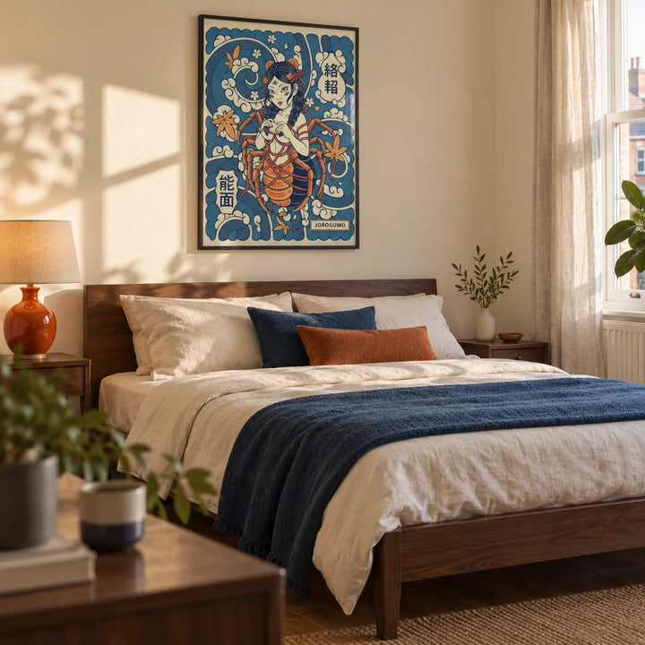 Jorogumo Art, framed on the wall of a restful adult bedroom in a UK flat with a pale warm cream wall and dark timber furniture