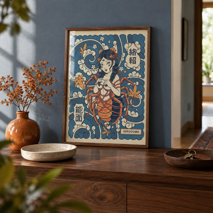 Jorogumo Art, a small A4 framed print leaning on a walnut hallway side table