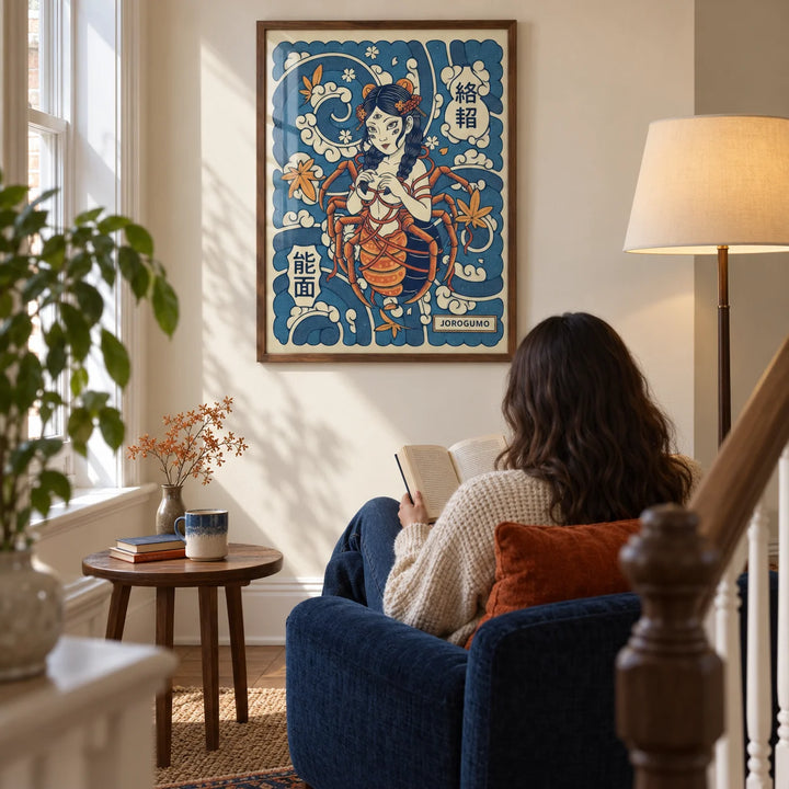 Jorogumo Art, framed on the wall of a warm reading corner on the broad landing of a UK terraced house with a cream wall in a living room