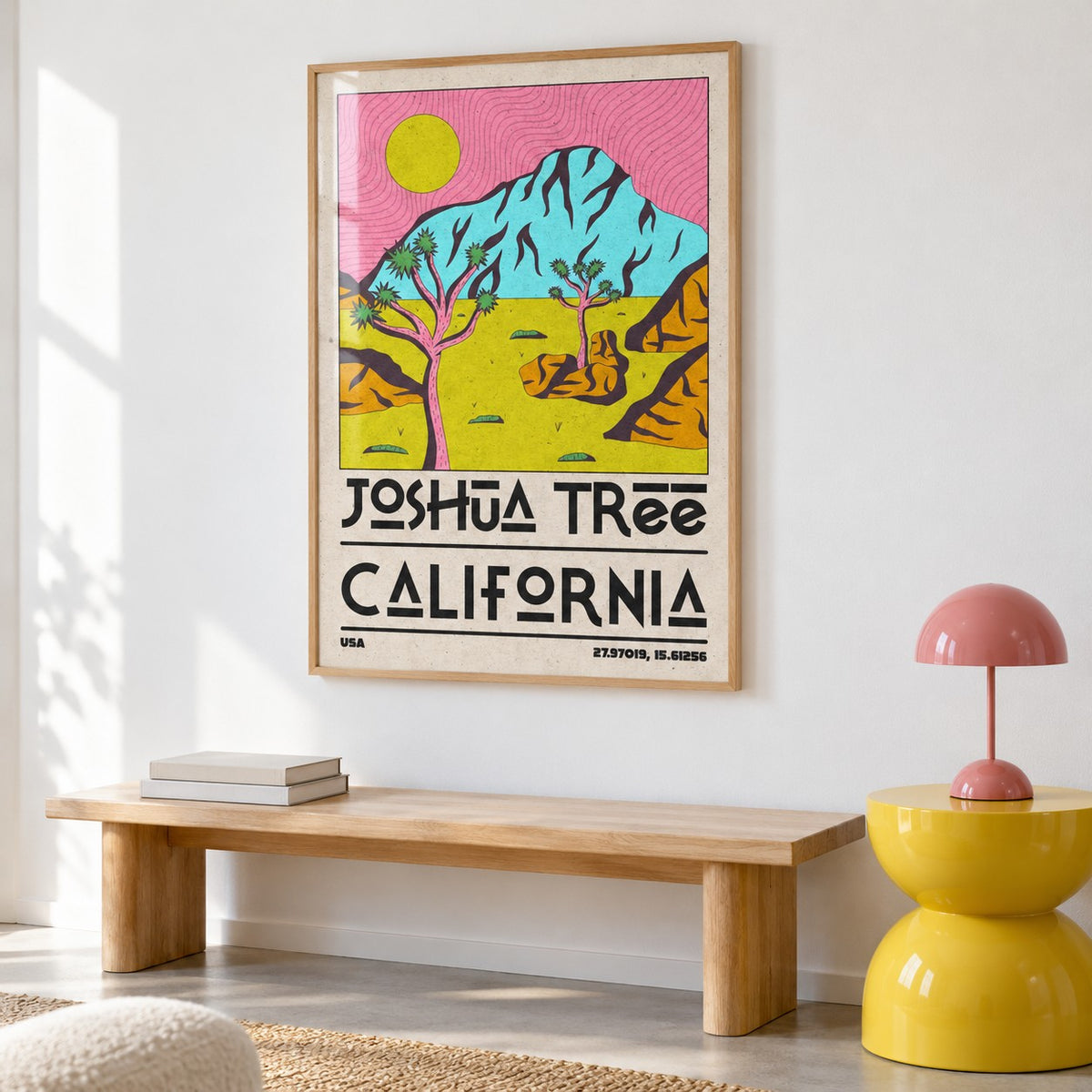Joshua Tree Art Print shown in a colourful minimalist room (frame not included)
