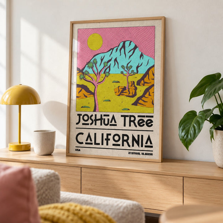 Joshua Tree Art Print shown in a living room, leaning on an oak console (frame not included)